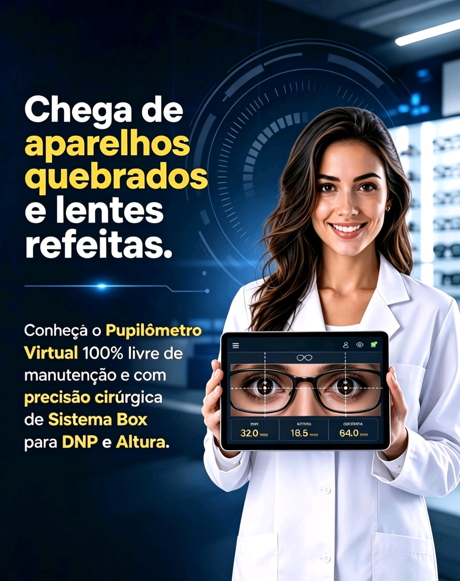 Profissional de ótica sorridente operando um tablet com o PUPITECH